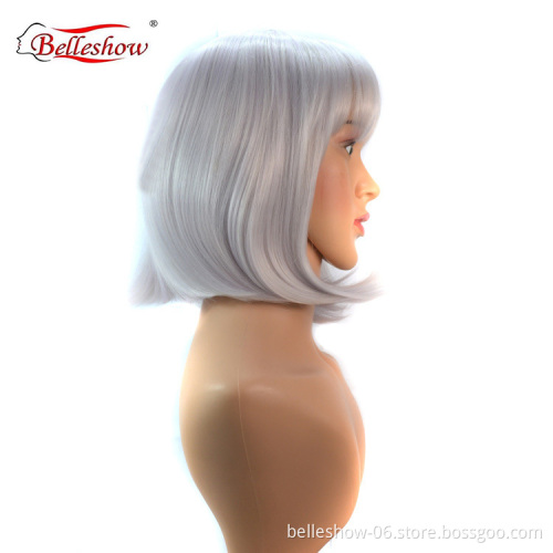 Hot sell wholesale bob wig style synthetic fiber hair bobo head student head lady silver white wig head set wigs